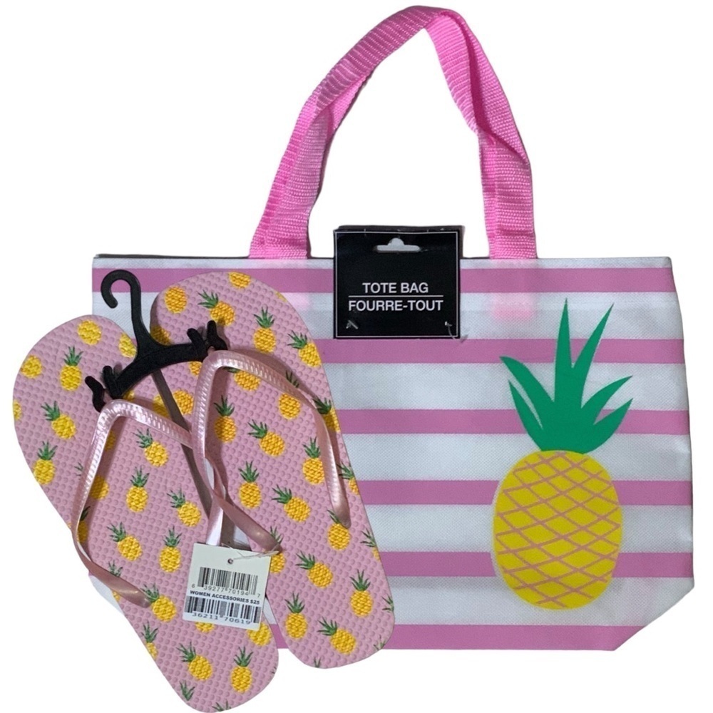 Flip Flop Tote Bag Set Pineapple Tropical Beach Theme Pink White Women’s L 9/10